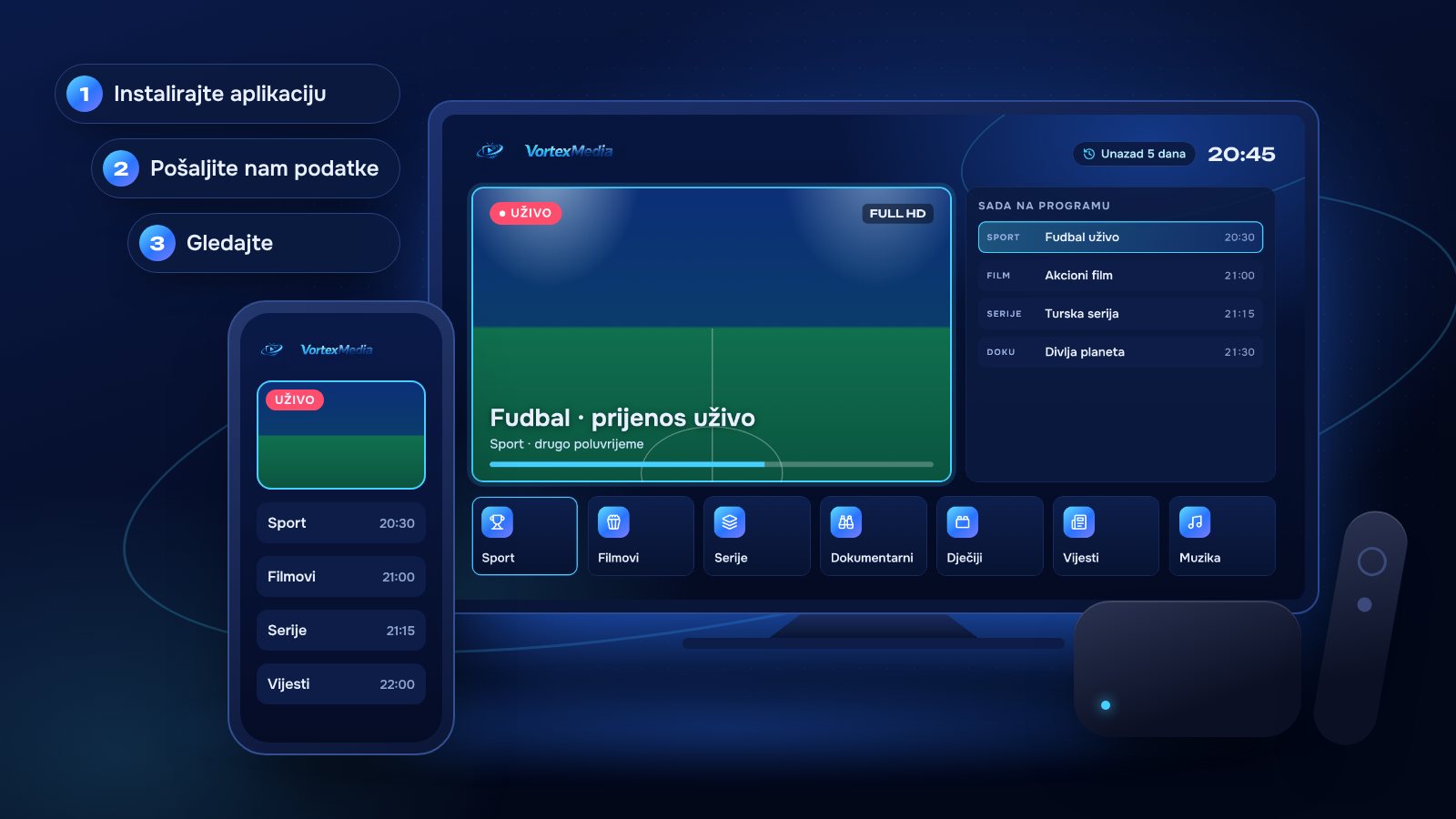 Televizor, mobitel i TV box sa VortexMedia ekranom i tri koraka povezivanja