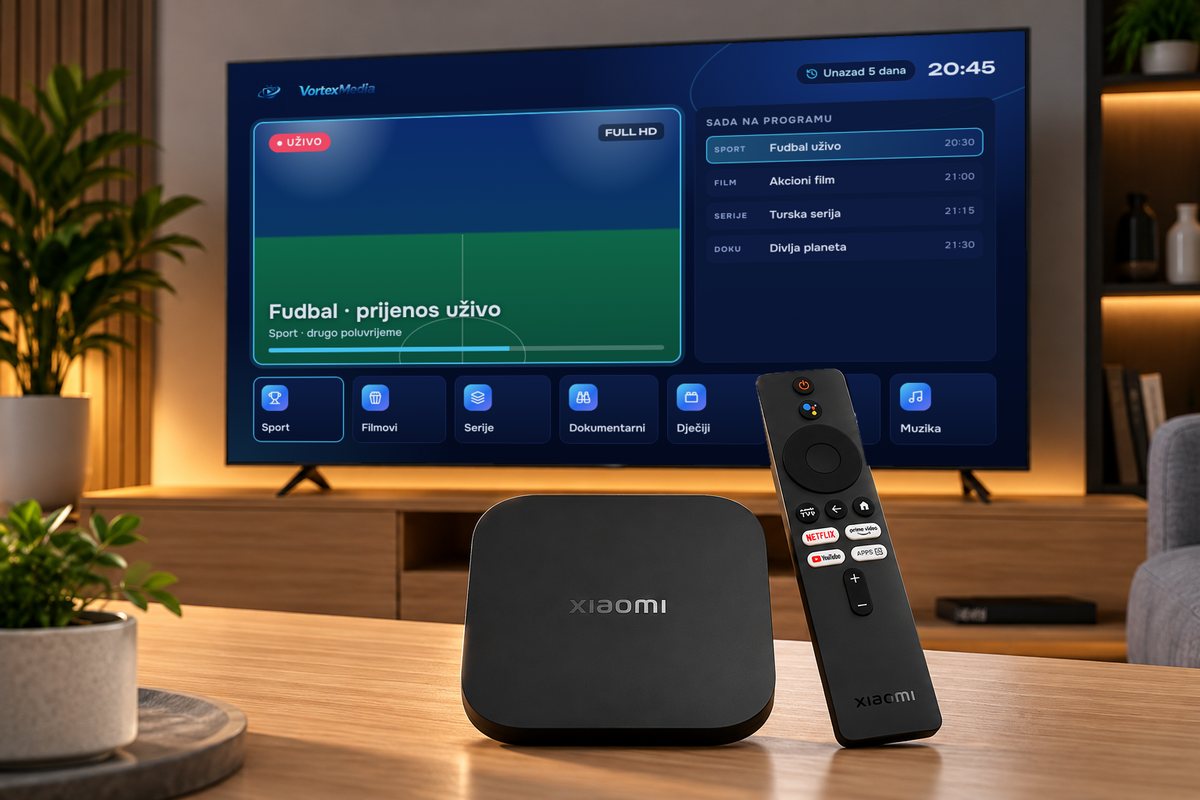 TV Box i daljinski ispred televizora sa VortexMedia programom